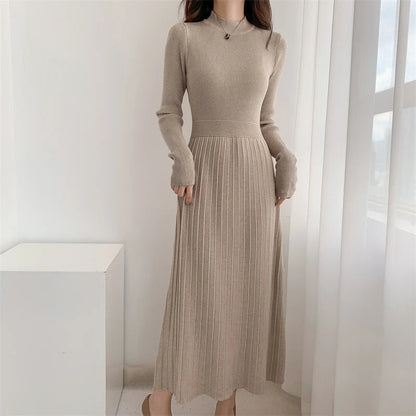 Autumn/winter British Style Celebrity Knitted Dress Half High Neck Slim Fit Inner Matching Coat Pleated Long Dress