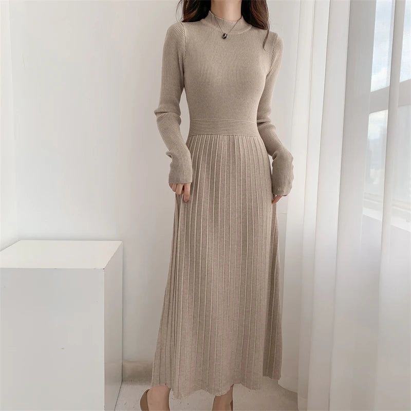 Autumn/winter British Style Celebrity Knitted Dress Half High Neck Slim Fit Inner Matching Coat Pleated Long Dress