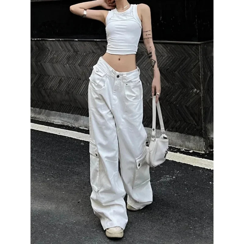 Baggy Cargo Jeans Woman Korean Harajuku Wide Leg Denim Pants Basic White Trousers