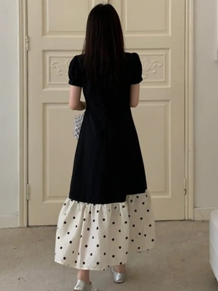 French Black Midi Dresses for Puff Sleeve A-line Patchwork Dot Korean One Piece Vestido Autumn New