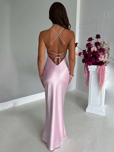 Spaghetti Strap Bodycon Satin Dress With Open Back Lace Up Female Long Dress Party Club Evening Dress