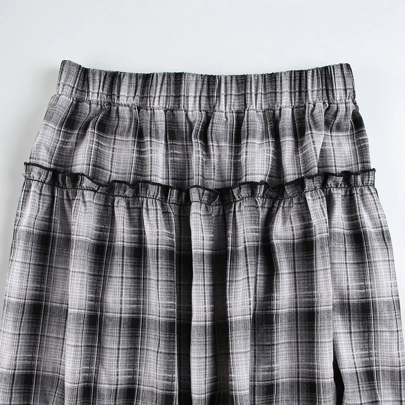 Contrast Color Plaid Aline Skirt Autumn New Korean Pleated Loose All Match Midlength Skirt