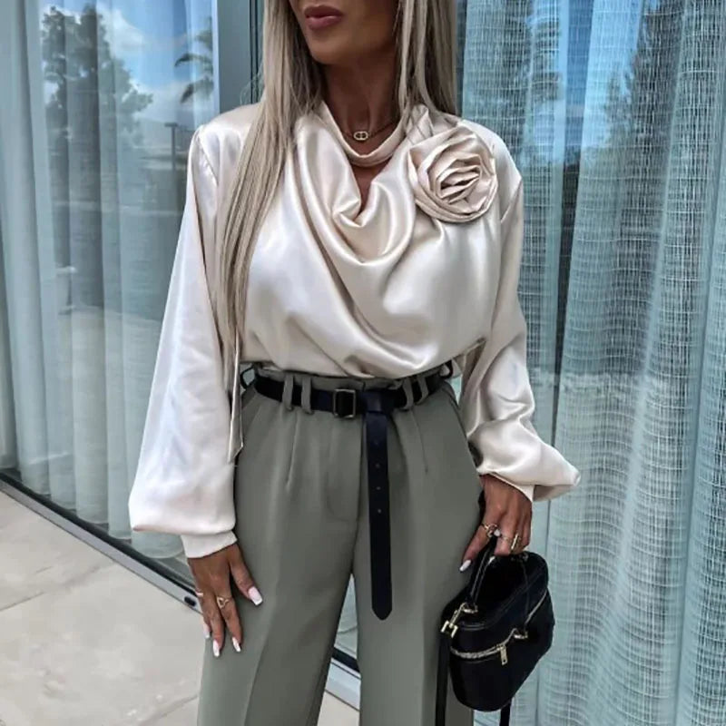 Commuter Lady Vneck Draped Blouses Spring Flower Design Satin Top Pullover Autumn Long Sleeve Button Shirts Mujer