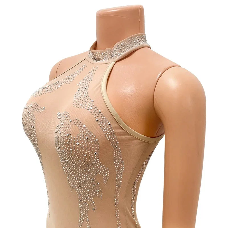 Mesh Sheer See Through Party Dress for Party Club Night Mini Bodycon Dress Rhinestone Sparkly Birthday Skirt