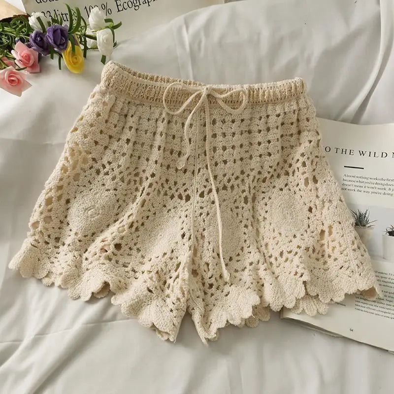 Summer Style Hollow Lace Hook Flower Vneck Camisole Tank Top Shorts Slimming Two Piece Sets Outfits
