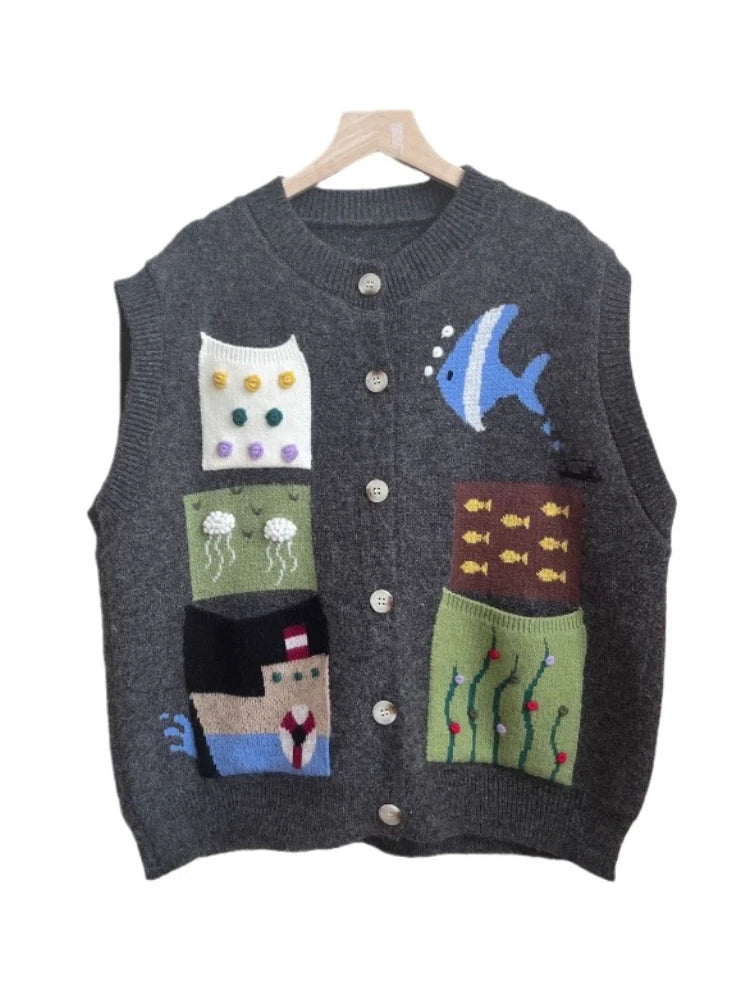 South Korea Hook 3d Flower Vest for Gray Cardigan Clothing Chaleco Mujer Pockets Design Waistcoat