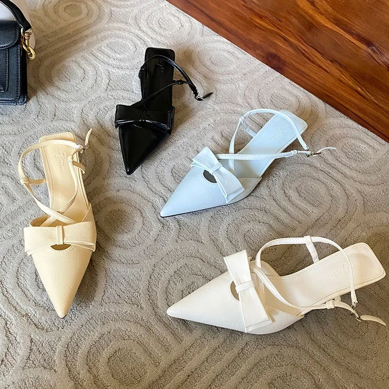 Sandals Butterflyknot Slingback Pointed Toe Pumps Crosstied Low Heeled Dress Shoes Zapatos De Mujer