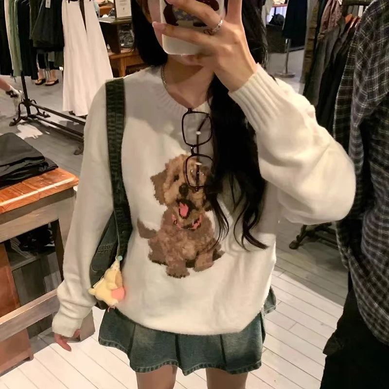Kawaii Cartoon Dog Sweater Y2k Harajuku Print Knitted Pullovers Korean Long Sleeve Knitwear Winter Jumpers