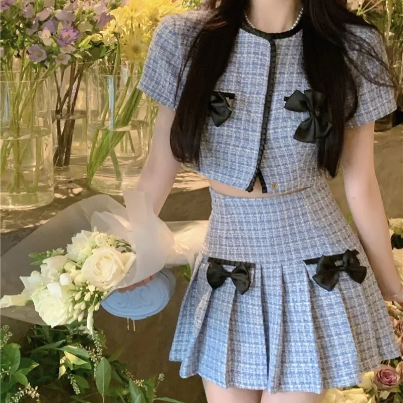 Sweet Hot Girl Suit Autumn Bow Slim Short Coat High Waist Aline Mini Skirt Twopiece Set Female Clothes