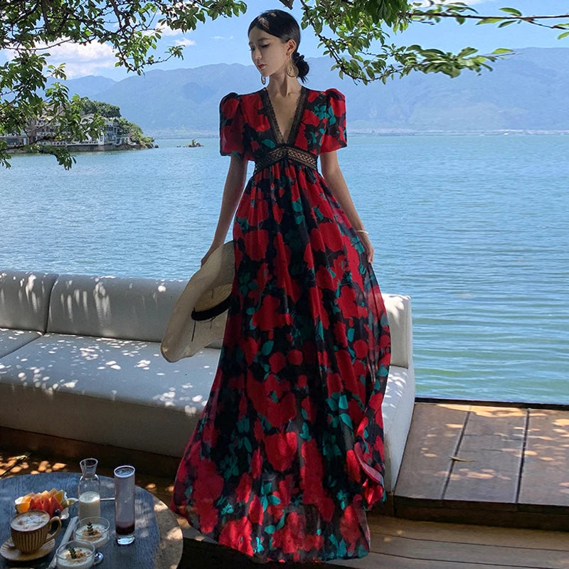 French Lace Retro Long Dresses for Print Puff Sleeve Vneck High Waist Dress Loose Oversize Beach Vestidos