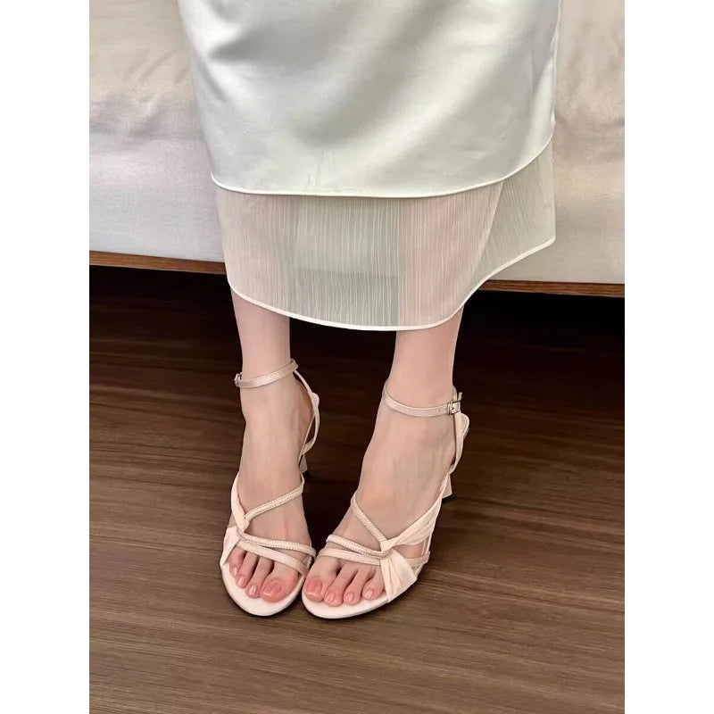 Apricot Thick Satin High Heels New Dress Singleline Buckle Stiletto Sandals French Opentoe Hollow Shoes