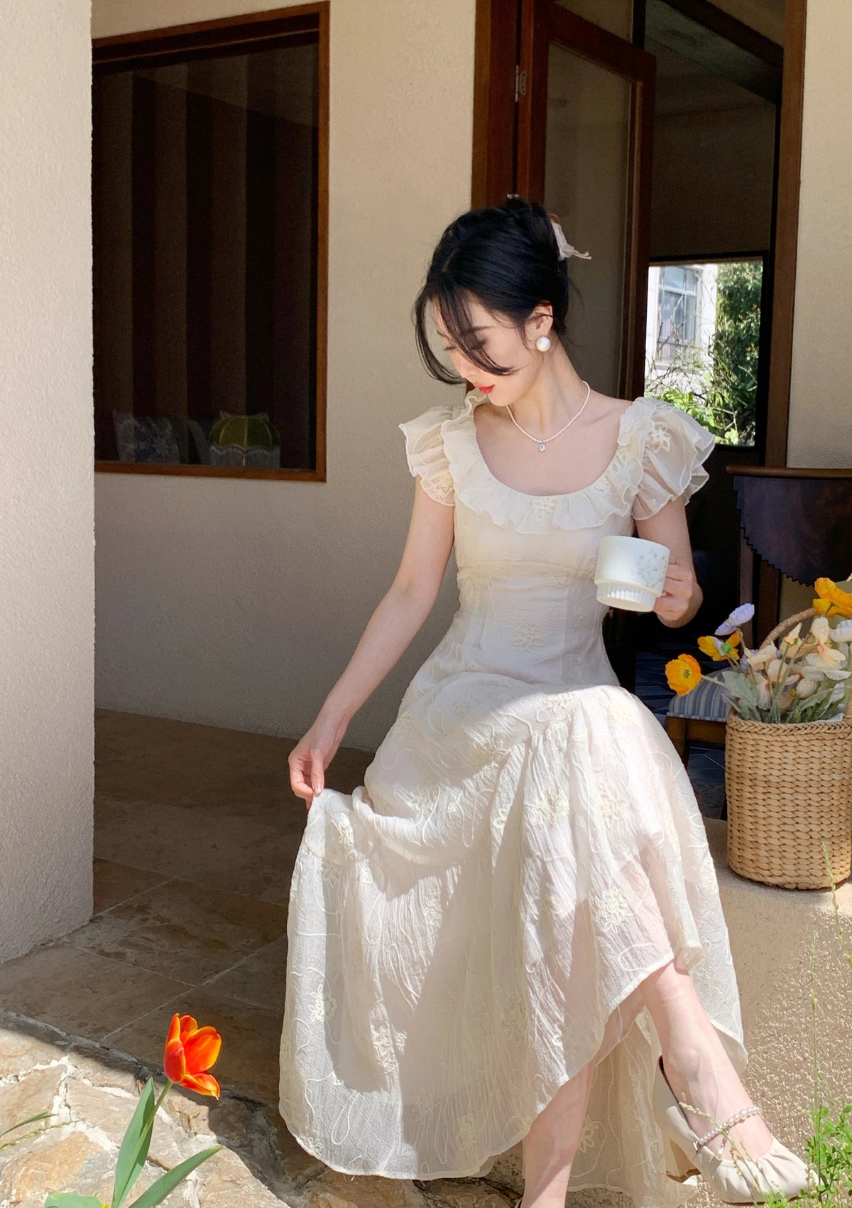 Summer French Midi Dress Ruffles Slim Party Dress Holiday Beach Korean Vestidos