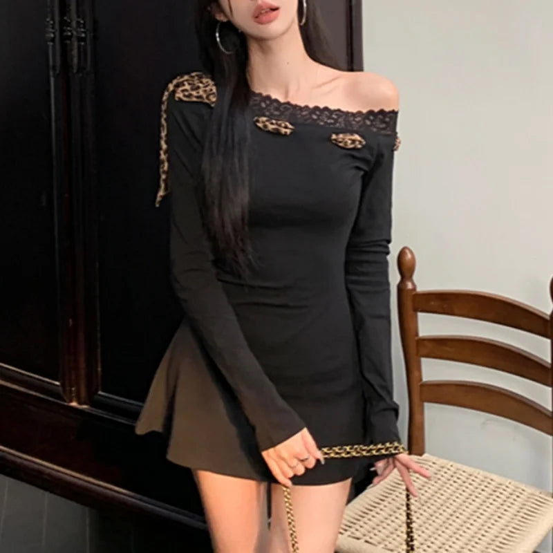 Dress Y2k Clothes Leopard Print Lace Trim Off Shoulder Long Sleeve a Line Mini Dress Party Dresses Clubwear