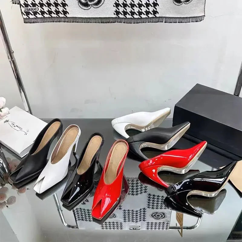 European and American Metal Buckle Slim High Heel Muller Fish Mouth Sandals Pointed Nightclub Runway Shoes