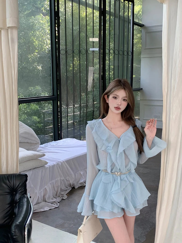 Sweet Hot Girl Suit Spring Ruffled Vneck Chiffon Shirt High Waisted Straight Leg Shorts Twopiece Set