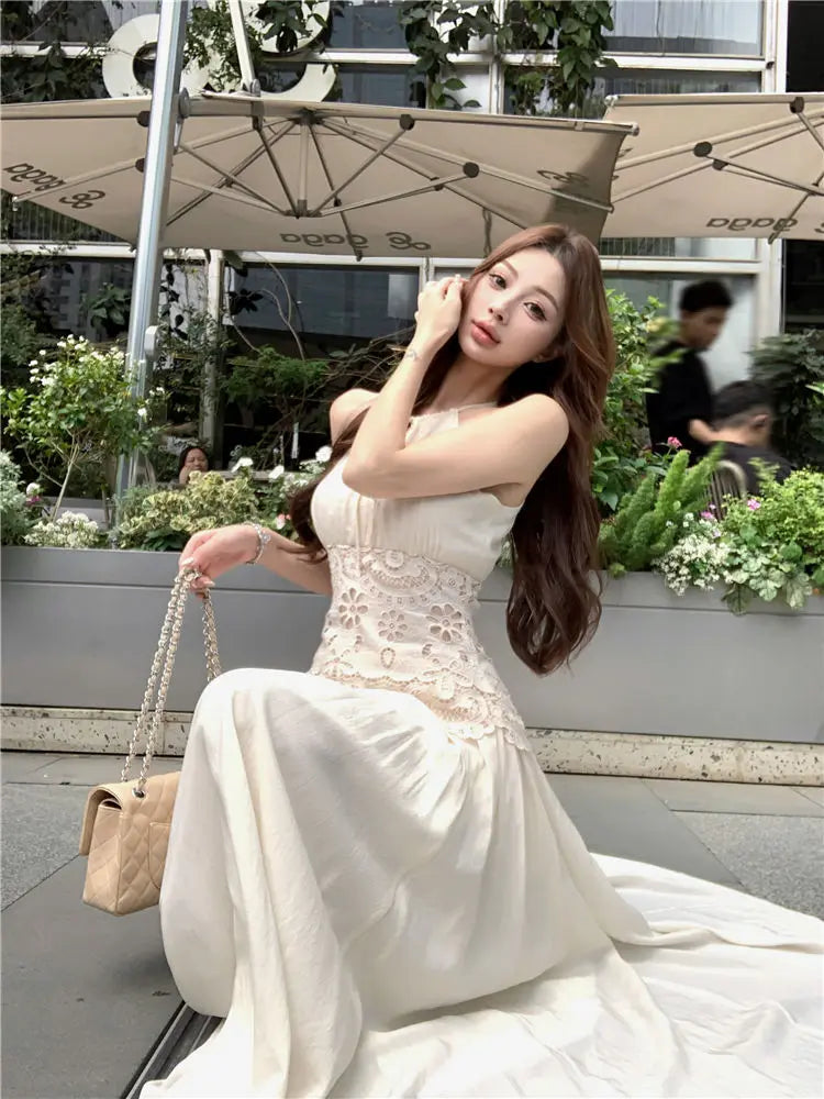 Lace Patchwork Hanging Neck Dress Summer Waist Cinched Sleeveless Spicy Girl Temperament Aline Long Dresses