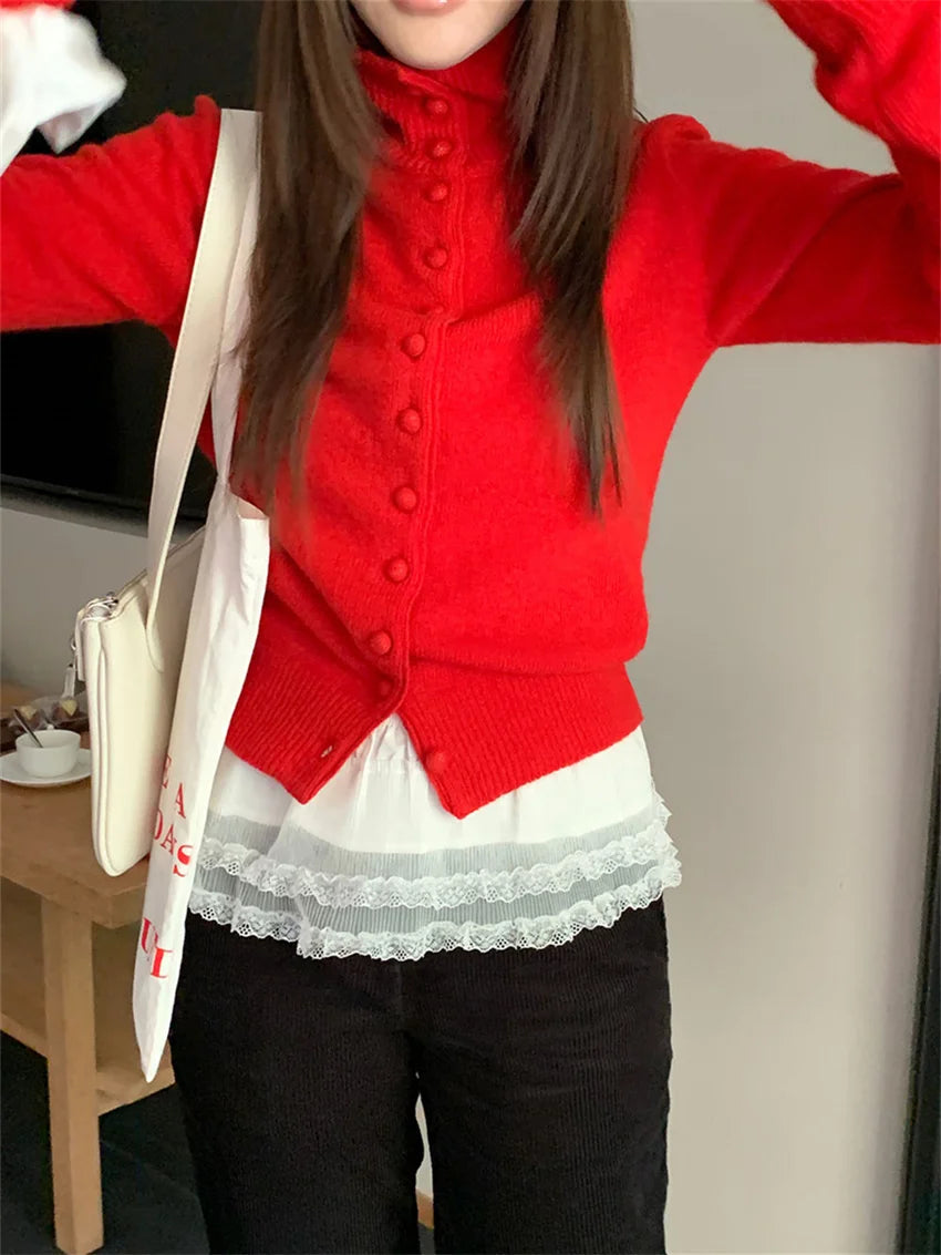 Red Sweaters Knitted Loose Daily All Match Autumn Cardigans New Gentle Sweet