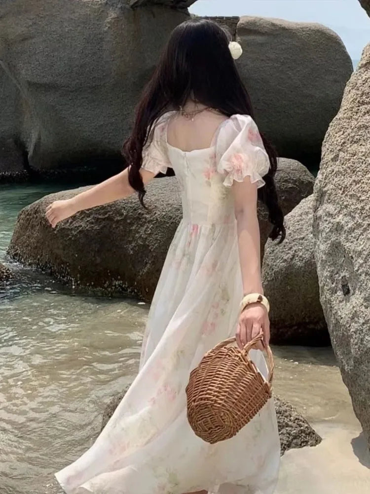 Print Midi Dress Summer New Square Collar Female Puff Sleeve Fairy Holiday Vestidos