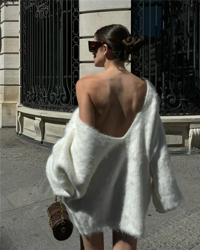 Trendix Loose Backless Knit Pullover for Off Shoulder Long Sleeve Sweater Femme Knitwear Cover-up