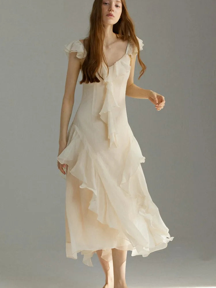 French Ruffles Midi Dress Summer New Sleeveless Vneck Holiday Beach Style Aline Party Prom Robe Vestido Mujer