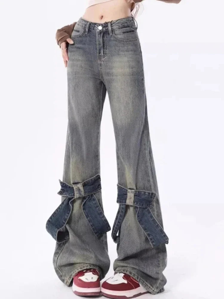 Blue Flared Jeans Kawaii Wide Leg Pants With Bow Korean Style Spring Cutecore High Wasit Denim Trousers