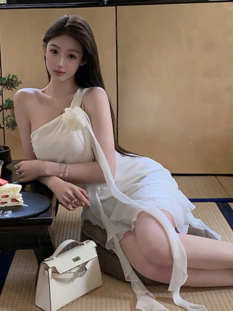 Y2k Sweet Fairy Dresses White Diagonal Collar Ruffle Birthday Party Mini Dress Slim Waist Short Vestidos