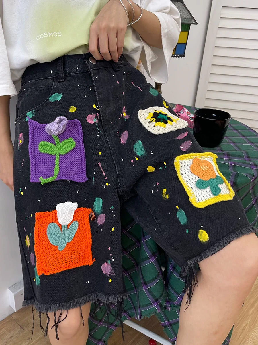 Korobov Knitted Denim Short Pants Female Summer New Loose Pants Tassel Design Short Para Mujeres