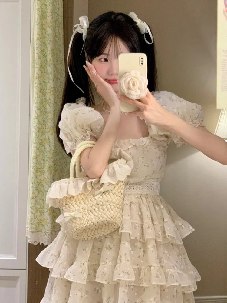 Print Dresses for Spring Summer Sweet Puff Sleeves Party Birthday Mini Dress Princess Vestidos New