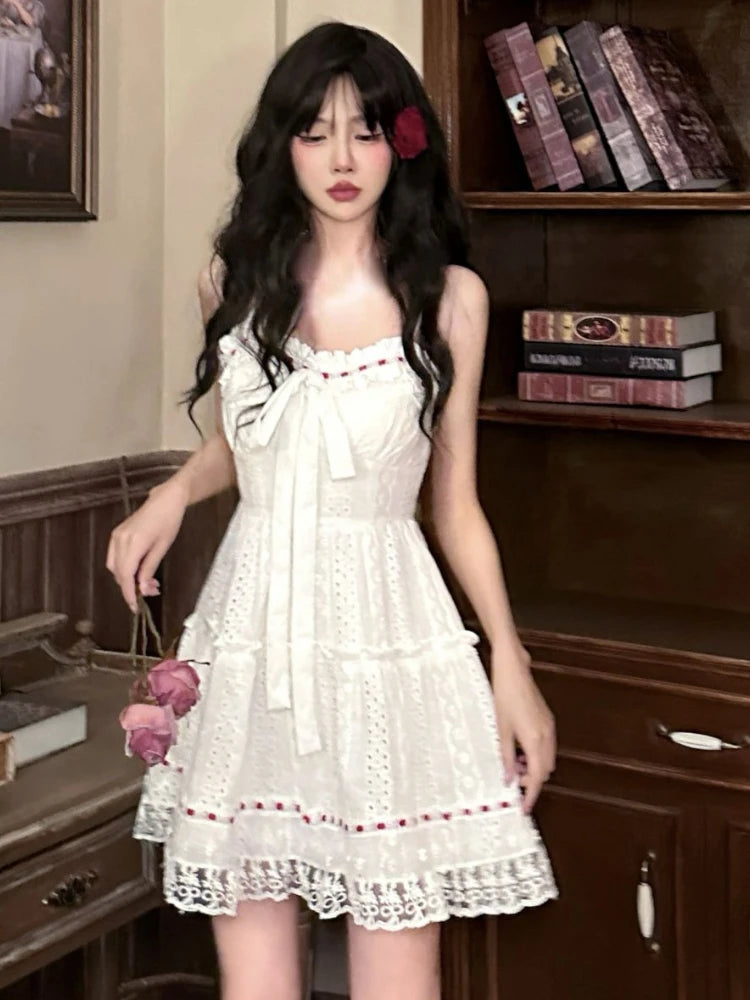 2000s Mini Dress Sweet Lace Hollow Out Sleeveless Dress Summer Birthday Party Strap Dress French