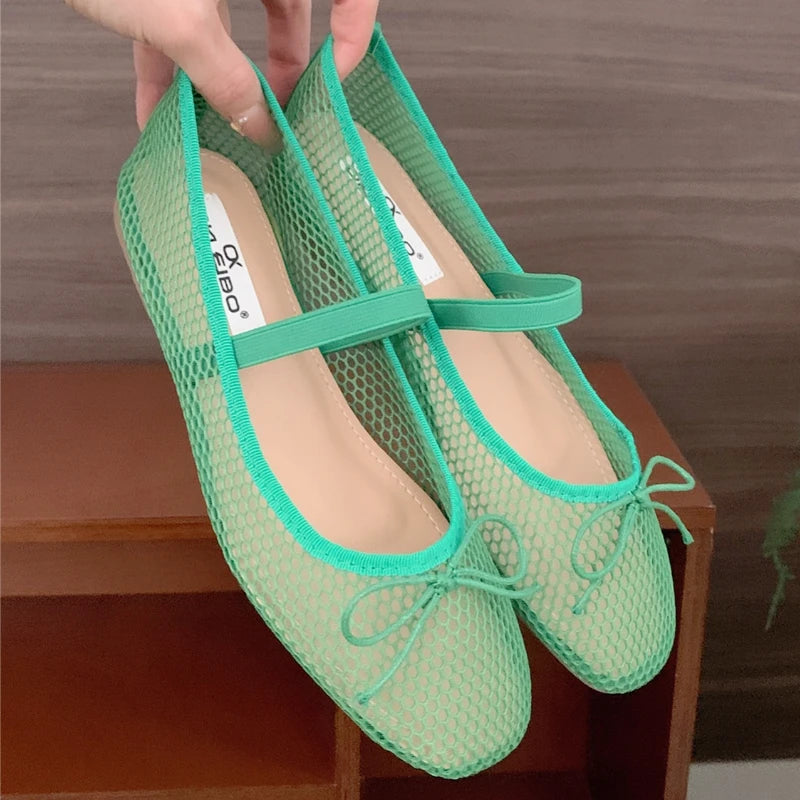 Simple Mesh Breathable Soft Bottom Mary Jane Shoes Design Bowknot Shallow Mouth Flat Shoes Party Ballet Dance Shoe