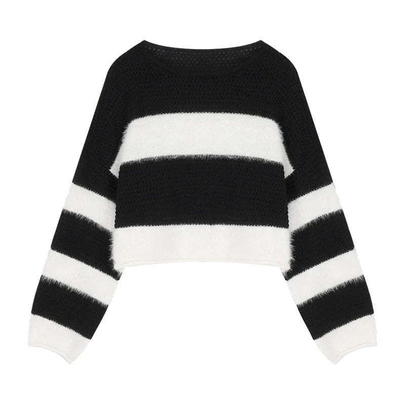 High Street Loose Soft Cashmere Long Sleeve Sweater Winter New Oneck Contrast Color Striped Knitted Crop Tops