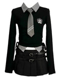 Fall Jk Preppy Style Y2k Gyaru Outfits 2 Piece Set Knit Long Sleeve Crop Tops Blouses Tie + Mini Pleated Skirt With Belt