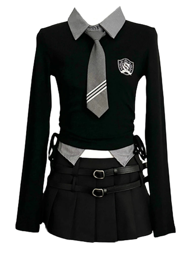 Fall Jk Preppy Style Y2k Gyaru Outfits 2 Piece Set Knit Long Sleeve Crop Tops Blouses Tie + Mini Pleated Skirt With Belt