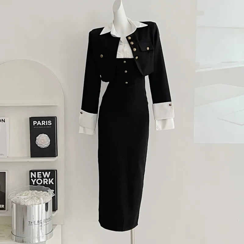 Y2k 3-piece Set Crop Coat Blazer White Shirt Halter Sleeveless Bodycon Midi Dress Autumn New Female Korean Outfits