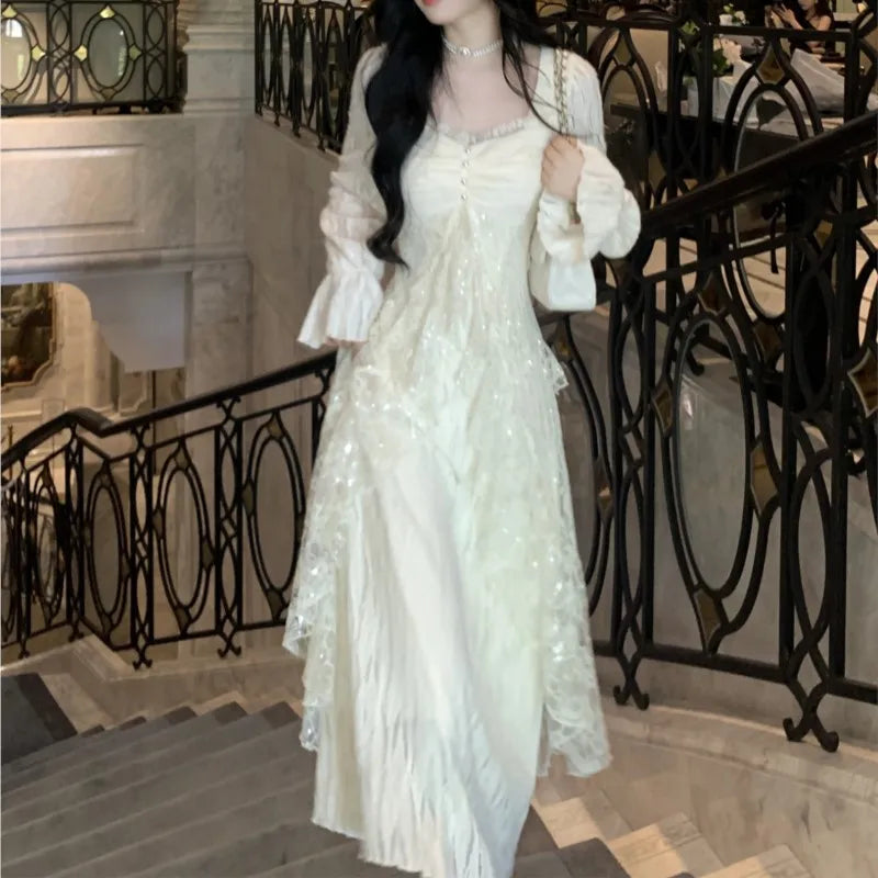 Autumn Winter New Midi Dresses for Lace Ruffles Flare Sleeve Aline Birthday Party Dress Korean Vestidos Mujer