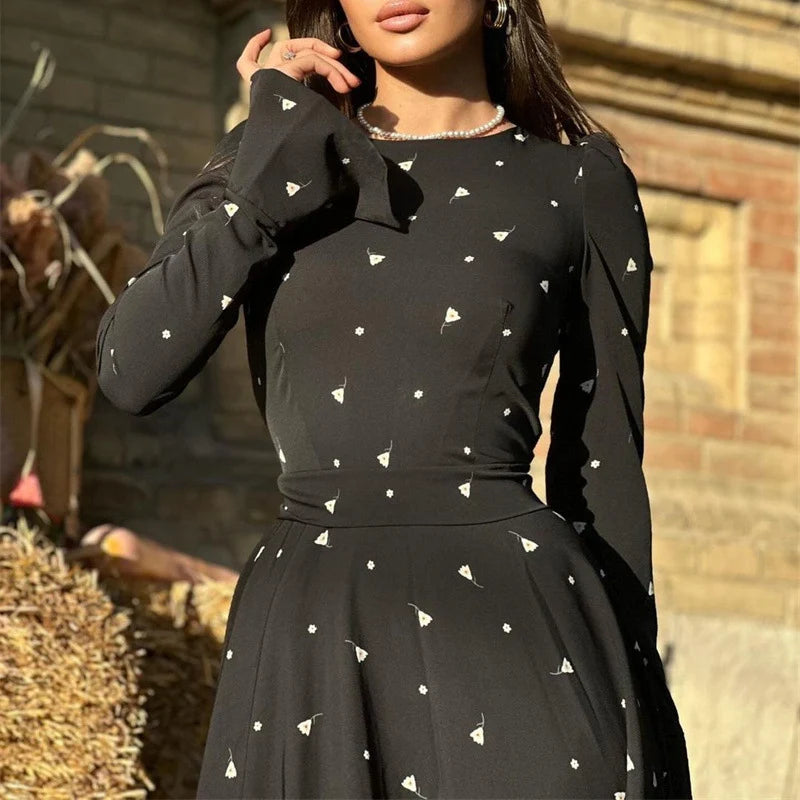 Spring Oneck Swing Maxi Dress Print Lace Up Bow Slim Long Dress Autumn Flare Long Sleeve Party Dress