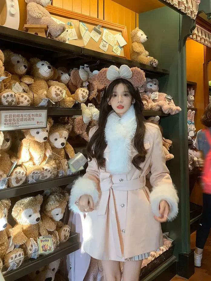 Pink Wool Coat Clothing Winter Coat Thickt Temperament Fur Collar Lace Up Slimming Aline Mid Length Top Winter Clothes