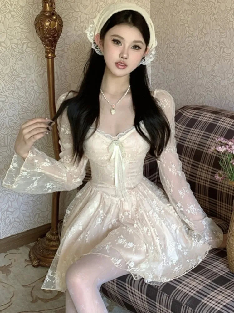 Sweet Fairy Dresses Lace Patchwork Bow Laceup Square Collar Flare Long Sleeve Party Mini Dress Short Vestidos