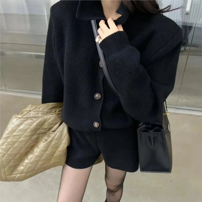 Autumn Winter New Two-piece Knitted Sets Single Breasted Sweater Top High Waist Shorts Korean Outfits Suit