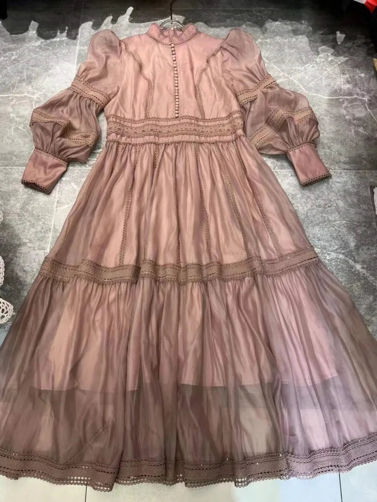Long Dress Fairy Style Stand Up Collar Lantern Sleeves Splicing Waist Dresses Spring Autumn 1351