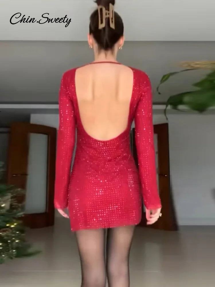 Sequins Backless Red Christmas Mini Dress Shiny O-neck Long Sleeve Dresses Female New Lady Slim Party Club Gowns