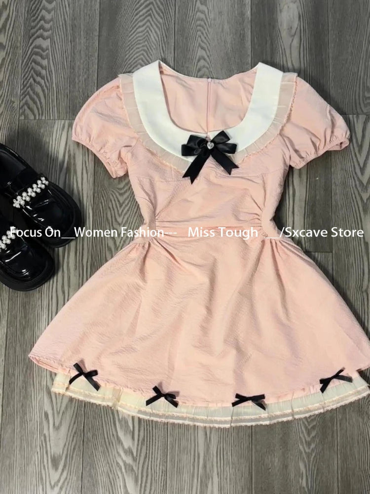 Short Sleeve Kawaii Mini Dress 2000s Y2k Clothing Japanese Sweet Pink Dress Evening Party