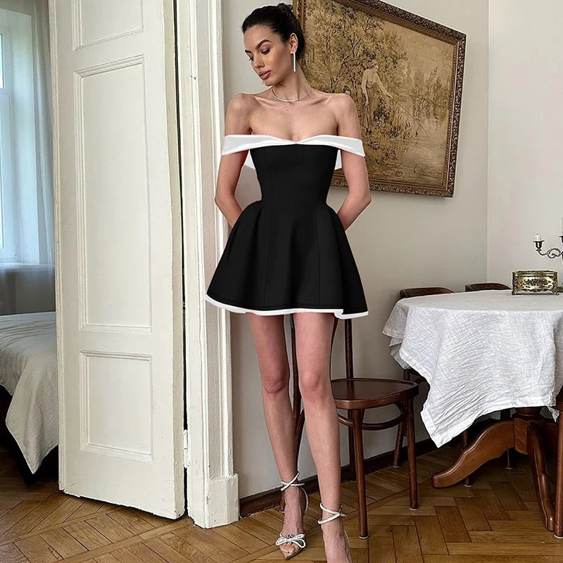Tube Top Gown Dress for Slim Contrast Color Mini Dresses Backless One-shoulder Clothes Female