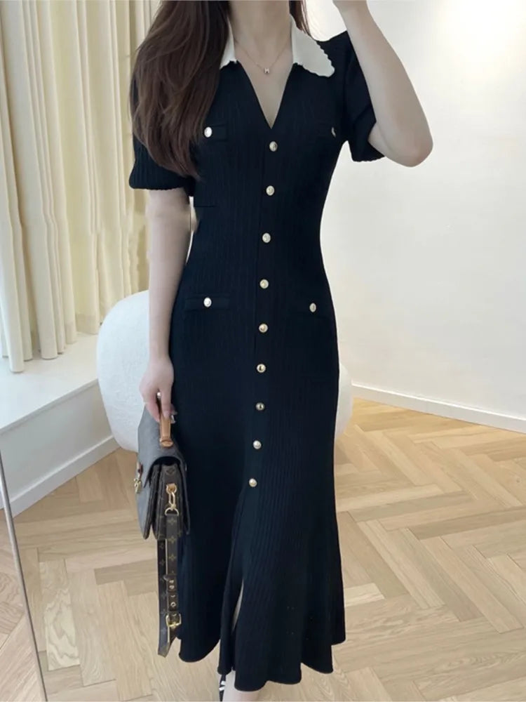 Autumn Knitted Dresses for Patchwork V-neck Puff Sleeve Single Breasted Midi Dress Vestidos Femme