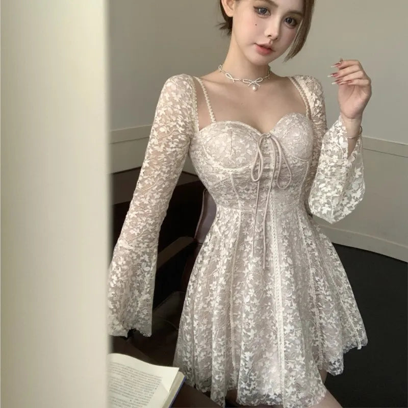 Lace Mini Dresses for Flare Sleeve Square Collar Corset Slim A-line Wedding Birthday Party Dress Y2k Prom Vestidos