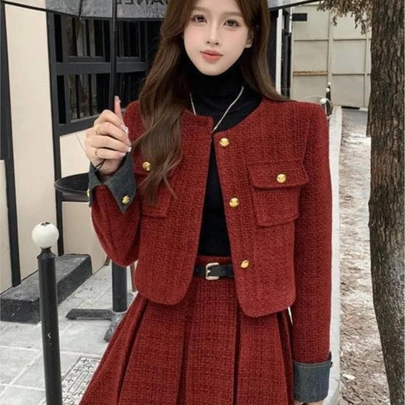 Autumn Winter New Red Tweed Two-piece Skirt Set Short Jacket Coat Pleated Mini Skirt Korean Female Outfits