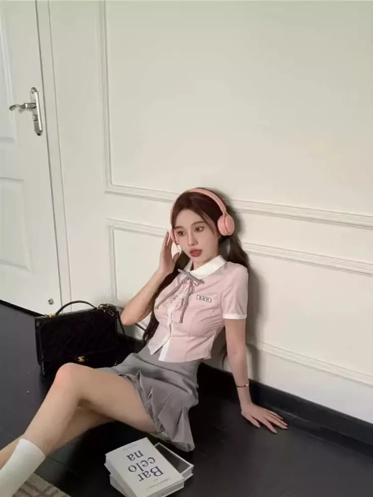Kawaii Pink Blouse Preppy Style Short Sleeve Lace Up Lapel Collar Shirt Summer Slim Fit Aesthetics Clothes