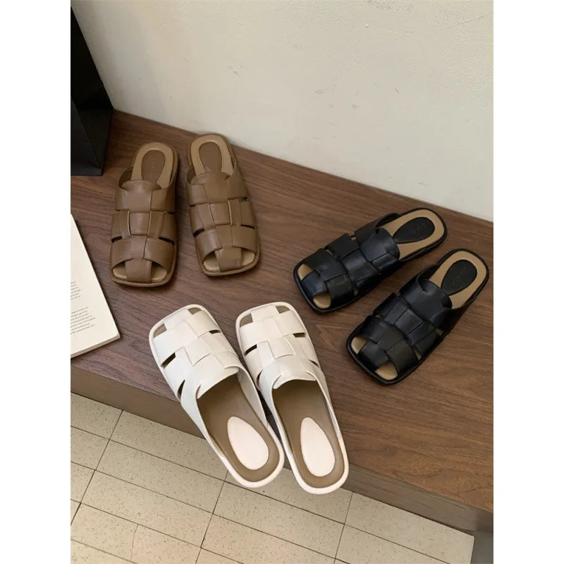 Slippers Summer Shoes Low Slides Cover Toe Pantofle Fretwork Heels Flat Rubber Pu Fabric Hoof Shoes Wo