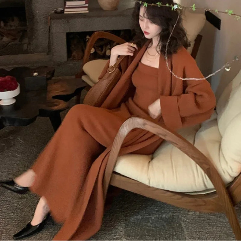 Autumn Winter Warm Knitted 2-piece Dress Set Soft Long Cardigan Strapless Bodycon Split Midi Dress Outfits