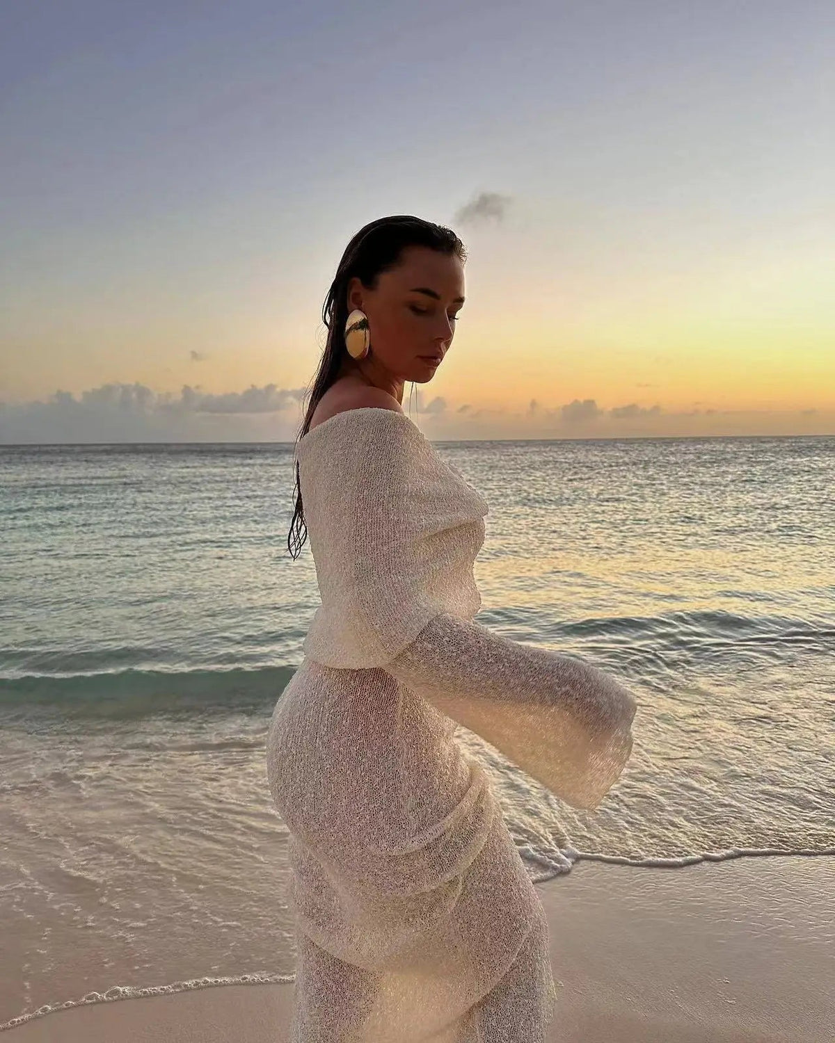 Summer Slash Neck Sunscreen Maxi Dress Long Sleeve Bodycon Knitted Vestidos Female Holiday Beachwear